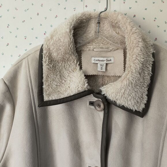 Coldwater Creek Faux Suede Fleece Lined Coat Pockets Size 3X/24 Ivory/Brown - Picture 5 of 16